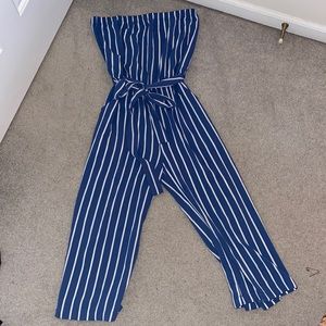 Blue and White striped jump suit with tie in front
